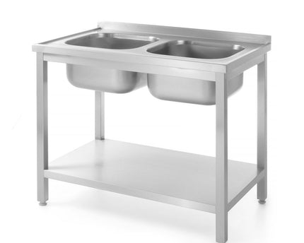 Tisch mit 2 Spülbecken, mit Ablage – verschraubt, HENDI, Kitchen Line, 1000x700x(H)850mm