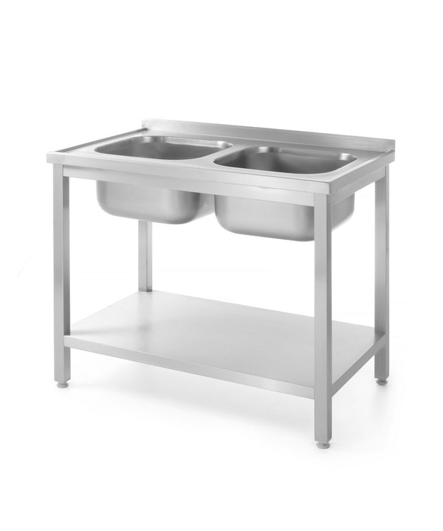 Tisch mit 2 Spülbecken, mit Ablage – verschraubt, HENDI, Kitchen Line, 1000x700x(H)850mm
