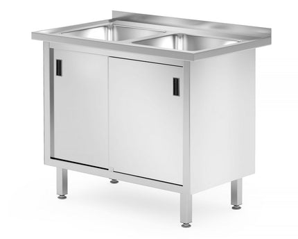 Tisch mit 2 Spülbecken, Schrank – verschweißt, mit Schiebetüren, HENDI, Profi Line, 1000x600x(H)850mm