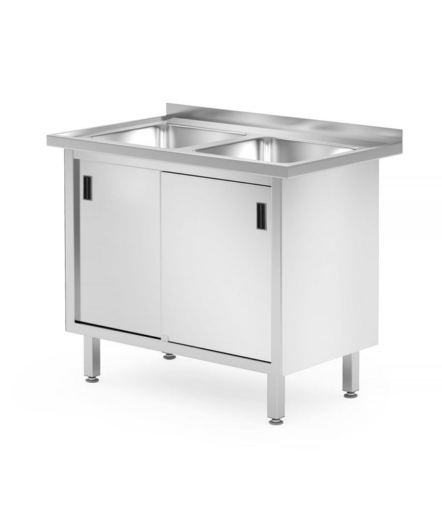 Tisch mit 2 Spülbecken, Schrank – verschweißt, mit Schiebetüren, HENDI, Profi Line, 1000x600x(H)850mm